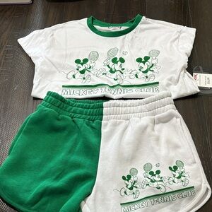Disney Green & White Mickey Tennis Club Tee and Two-Tone Shorts